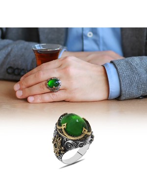 Okyanus Silver Faset Yeşil Zirkon Taşlı Kral Tacı Tasarım 925 Ayar Gümüş Erkek Yüzük