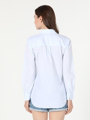 Colin's Relaxed Fit Shirt Neck Yazı Baskılı Cep Detaylı Mavi Kadın Uzun Kol Gömlek