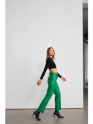 Vatkalı Deri Straight Pantolon Yeşil
