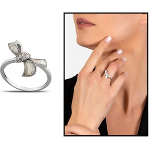 Sedef Taşlı Kurdela Tasarım 925 Ayar Gümüş Kadın Yüzük