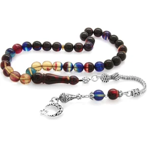 Kararmaz Metal Ayyıldız Püsküllü Küre Kesim Süzme Bonibon Ateş Kehribar Tesbih