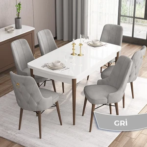 Concept Are Serisi Beyaz Masa Ceviz Ayak Mdf 80X132 Açılabilir Yemek Odası Takımı  6 Sandalye Gold Halkalı
