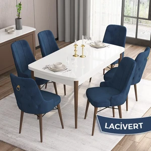 Concept Are Serisi Beyaz Masa Ceviz Ayak Mdf 80X132 Açılabilir Yemek Odası Takımı  6 Sandalye Gold Halkalı
