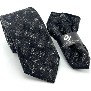 Siyah - Beyaz Desenli Mendilli Kravat