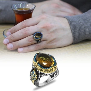 Gümüş Hediye Al Faset Kesim Zultanit Taşlı Yanları Detaylı 925 Ayar Gümüş Erkek Yüzük