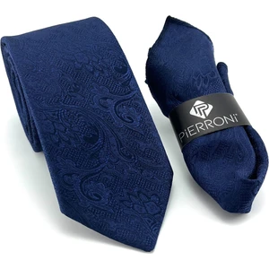 Mendilli Kravat Lacivert Desenli 