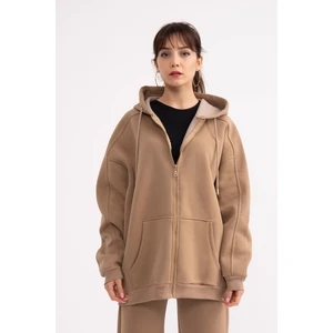 Bej Önü Fermuarlı Kanguru Cepli Kapüşonlu Sweatshirt