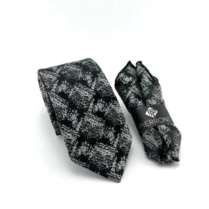 Siyah Beyaz Desenli Mendilli Kravat P0383