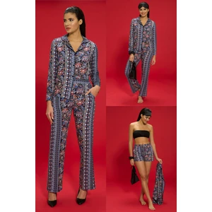 for you in&out 7'li Viskon Hem İçeride Hem Dışarıda Etnik Desen Siyah Pijama Takımı S27407