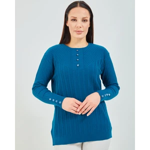 Fresh Moda Anne  Kazağı Indigo Mavisi Merserize Esnek Likralı  Düğme Detaylı Bluz Kazak