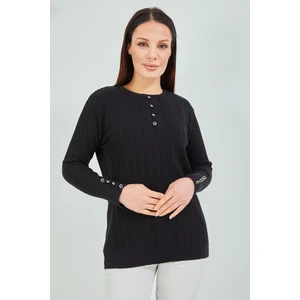 Fresh Moda Anne  Kazağı Siyah  Merserize Esnek Likralı  Düğme Detaylı Bluz Kazak