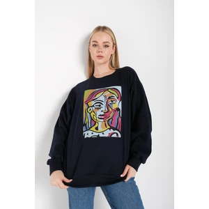 Kadın Lacivert Abstract Figure Baskılı Oversize Sweatshirt
