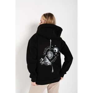 Kadın Siyah Oversize Pusula Sırt Baskılı Hırka Sweatshirt