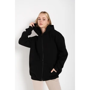 Kadın Siyah Oversize Fermuarlı Hırka