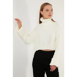 Oversize Balıkçı Yaka Fitilli Triko Crop Kazak Bayan Kazak 63622118