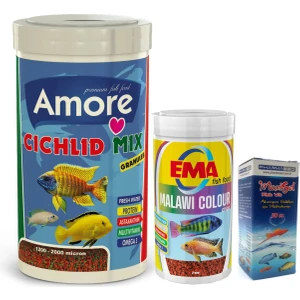 Cichlid Mix Granules 1000 ve 250ML Malawi Ciklet Color Renklendirme Balık Yemi Vitamin Seti Ema