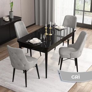 Concept Are Serisi, 80X132 Mdf Açılabilir Siyah Mermer Desen Masa Takımı, 4 Sandalye Gümüş Halkalı