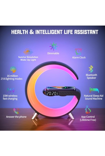 Neutral Kablosuz Şarj Cihazı Çevre Işığı Bluetooth Hoparlör Müzik Ritmik Saat Çalar Saat Tuşları ve App Kontrolü (Yurt Dışından)