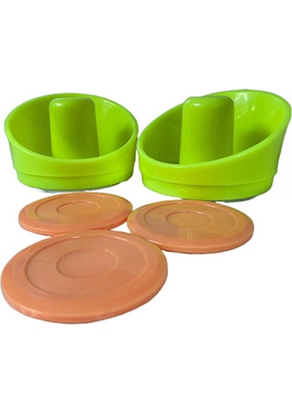 2 Adet Yeşil Renk Air Hockey Elcik ve 3 Adet Turuncu Renk Disk - Havalı Hockey Tokacı ve Diskleri