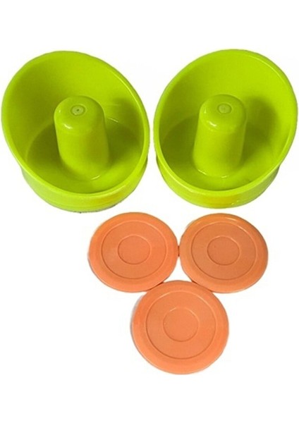 2 Adet Yeşil Renk Air Hockey Elcik ve 3 Adet Turuncu Renk Disk - Havalı Hockey Tokacı ve Diskleri