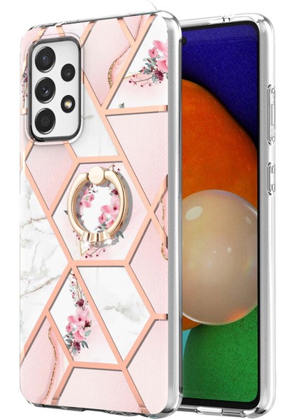Mermer Desen Imd Tasarım Parmak Yüzüğü Kickstand Tpu Telefon Koruyucu Kapak Çantası Samsung Galaxy A52 5g / 4g / Galaxy A52S 5g (Yurt Dışından)