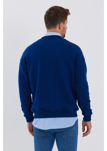 Erkek Oversize Baskılı Basıc S-Shırt-Lacivert