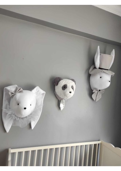 Rose Baby Decor Şapkalı Tavşan -Kız Tavşan -Panda Büstü Duvar Dekoru Üçlü