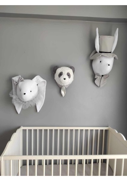 Rose Baby Decor Şapkalı Tavşan -Kız Tavşan -Panda Büstü Duvar Dekoru Üçlü