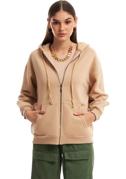 Fermuarlı Kapüşonlu Sweatshirt Bej