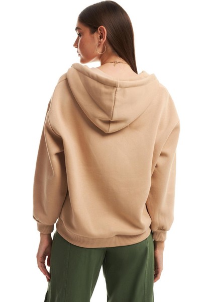Fermuarlı Kapüşonlu Sweatshirt Bej indirimleri
