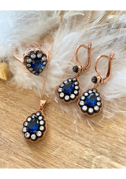 Kadın Gümüş Mavi Taşlı Elmas Montür Set