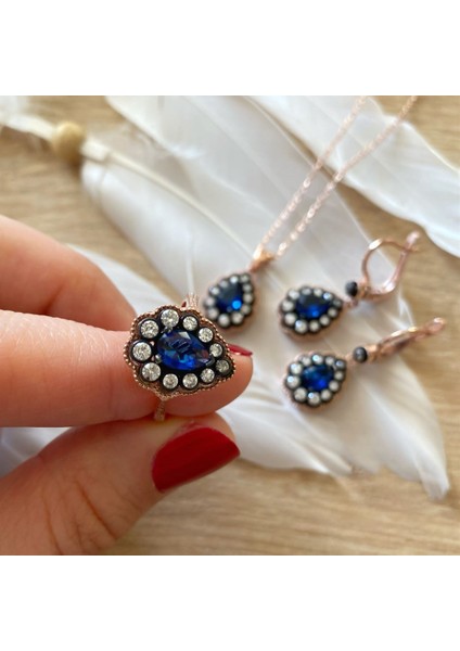 Kadın Gümüş Mavi Taşlı Elmas Montür Set fiyatları