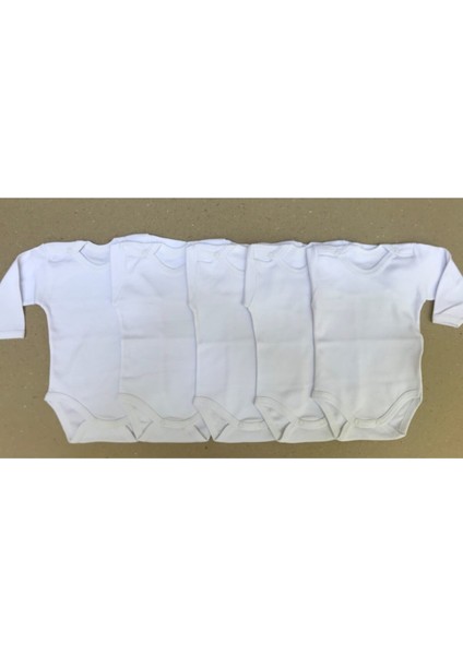 Uzun Kollu Çıtçıtlı Bebek Badisi Beyaz Renk Zıbın (5'li Paket) 0-48 Ay Arası