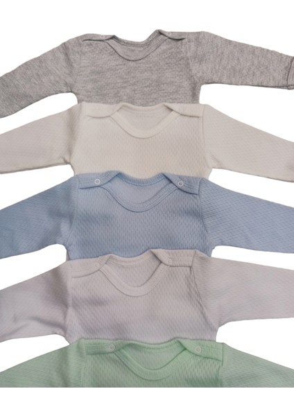 Uzun Kollu Çıtçıtlı Badi Bisiklet Yaka Body Hava Alır Kumaş Düz Renk Zıbın (5li Paket) 0-48 Ay Arası