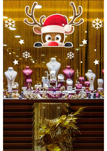 Sevimli Geyik ve Kar Taneleri Vitrin Sticker Yapıştırma 70X70CM