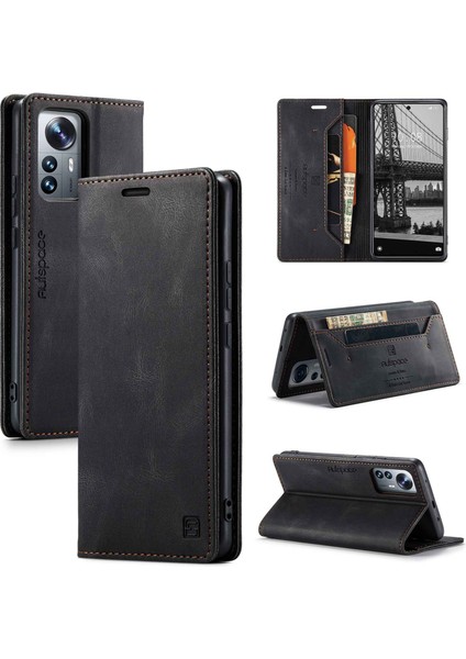 Autspace A01 Serisi Pu Deri Deri Koruyucu Kabuk Xiaomi 12 Lite 5g, Rfıd Engelleme Manyetik Kapanma Vintage Buzlu Cüzdan Stand Flip Kapak - Siyah (Yurt Dışından)