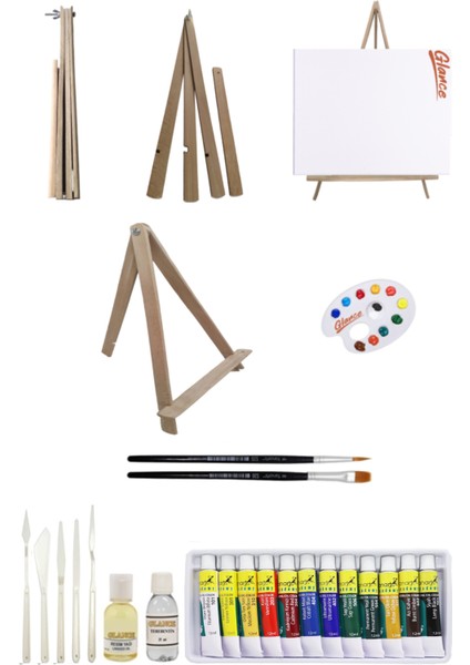 Açılır Kapanır Katlanır Mini Şövale 25X35 Tuval Fanart 12X12 ml Yağlı Boya Başlangıç Seti