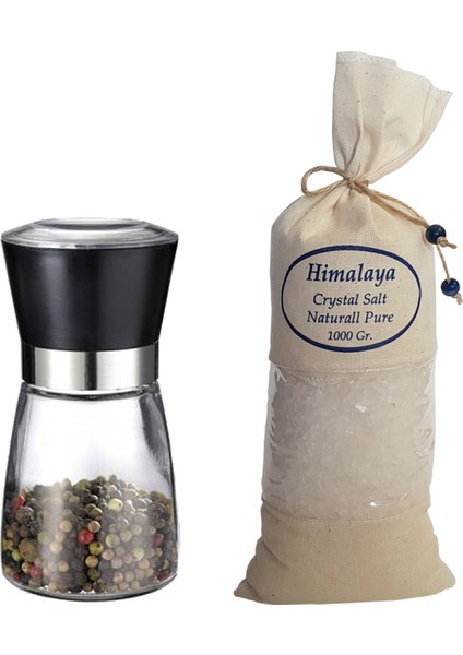 İri Himalaya Tuzu Bez Torbada Beyaz Renk + Seramik Bıçaklı Değirmen Tuz/baharat Değirmeni 1 kg