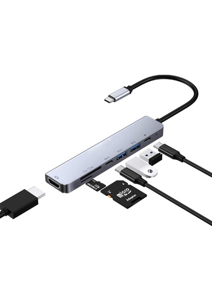 7'si 1 Arada Usb-C Hub Tip C Adaptörü Macbook Pro/Air İçin USB 3.0 4K HDMI Çoklu Bağlantı Noktası (Yurt Dışından)