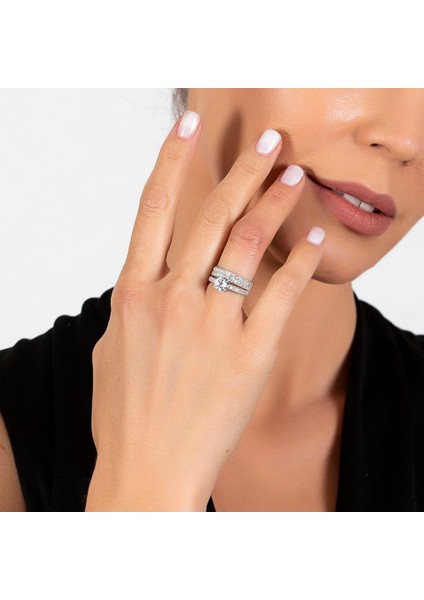 Zirkon Taşlı Çift Sıra Tasarım 925 Ayar Gümüş Kadın Tektaş Yüzük modelleri