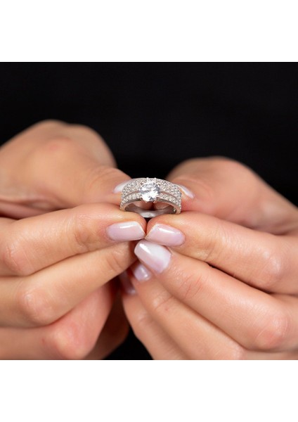 Zirkon Taşlı Çift Sıra Tasarım 925 Ayar Gümüş Kadın Tektaş Yüzük fırsatları