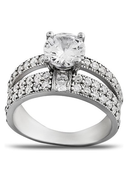 Zirkon Taşlı Çift Sıra Tasarım 925 Ayar Gümüş Kadın Tektaş Yüzük indirimleri