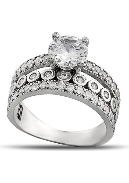 Zirkon Taşlı Üç Sıralı Zarif Tasarım 925 Ayar Gümüş Kadın Tektaş Yüzük indirimleri