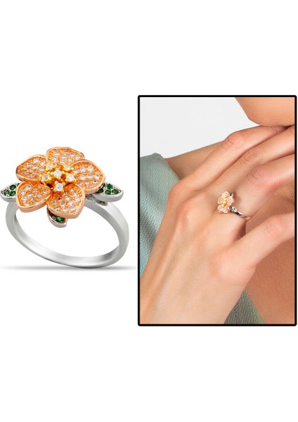 Zirkon Taşlı Rüzgar Gülü Tasarım Kar Tanesi Detaylı 925 Ayar Gümüş Kadın Yüzük