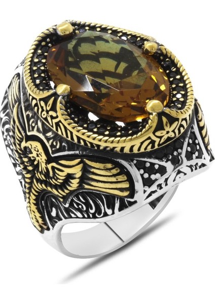 Faset Zultanit Taşlı Kartal Kanadı Detaylı Agresif Kasa Tasarımlı 925 Ayar Gümüş Erkek Yüzük modelleri