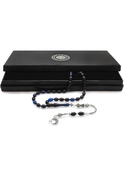 Ayyıldız Kararmaz Metal Püsküllü Arpa Kesim Mavi-Siyah Sıkma Kehribar Tesbih fiyatları