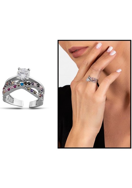 Multicolor Zirkon Taşlı Sonsuzluk Tasarım 925 Ayar Gümüş Kadın Tektaş Yüzük fiyatları