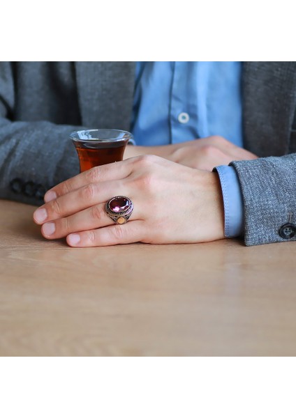 Oval Tasarım Faset Zultanit Taşlı Çevresi Mikro Taş Mıhlamalı 925 Ayar Gümüş Erkek Yüzük fiyatları