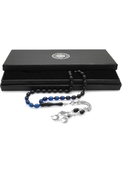 Kararmaz Metal Ayyıldız Püsküllü Arpa Kesim Süzme Mavi-Siyah Sıkma Kehribar Tesbih fiyatları