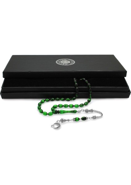 Ayyıldız Kararmaz Metal Püsküllü Arpa Kesim Süzme Yeşil-Siyah Ateş Kehribar Tesbih fiyatları